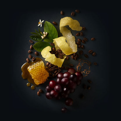 Yuzo Coffee by Ninety Plus Coffee.  A spread of roasted coffee beans with food items that represent that flavor notes of yuzu lemon, muscat grape, and acacia honey. 
