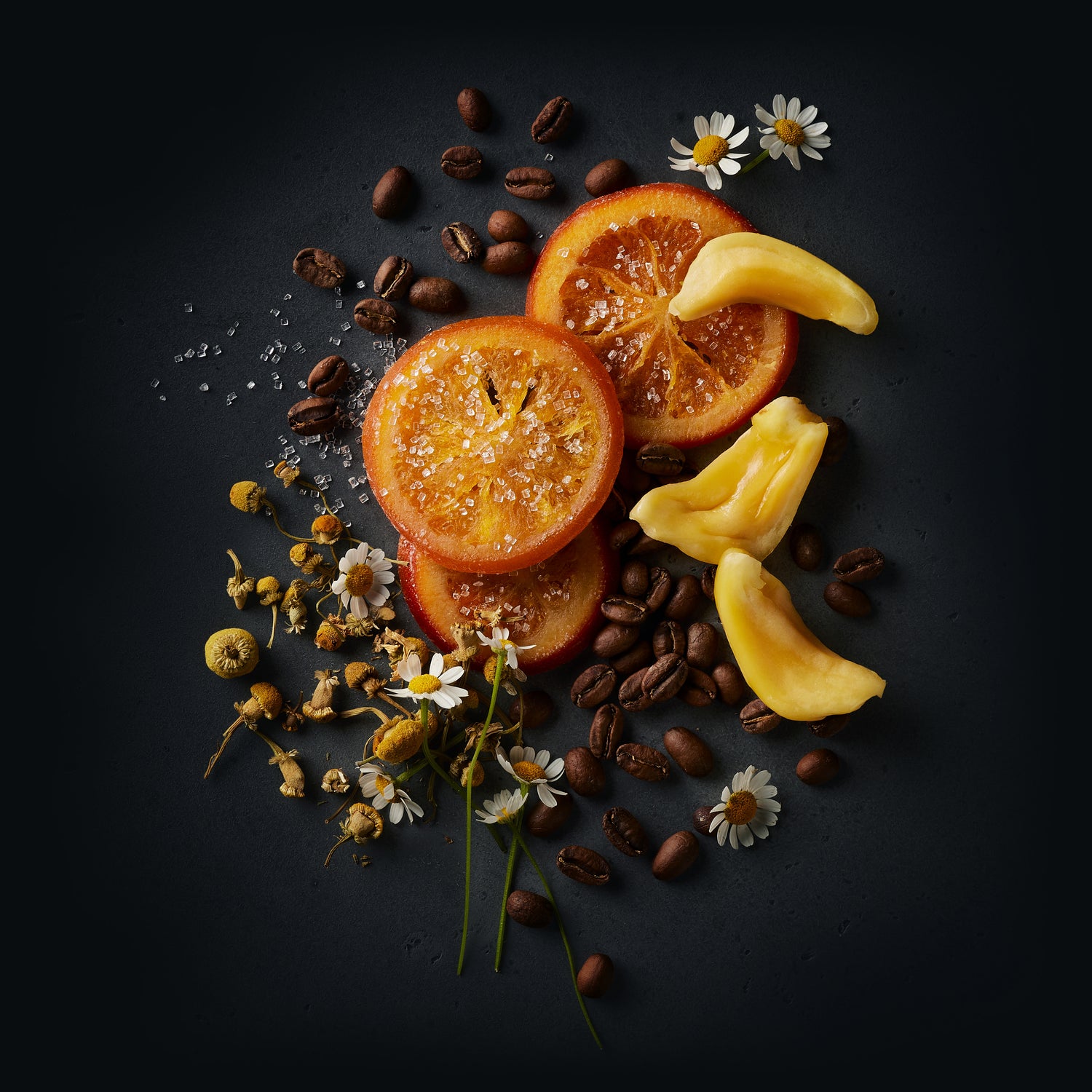 Juliette coffee by Ninety Plus Coffee Roasters. A spread of roasted coffee beans and food items that represent the flavor notes of chamomile, jackfruit, and candied orange. 
